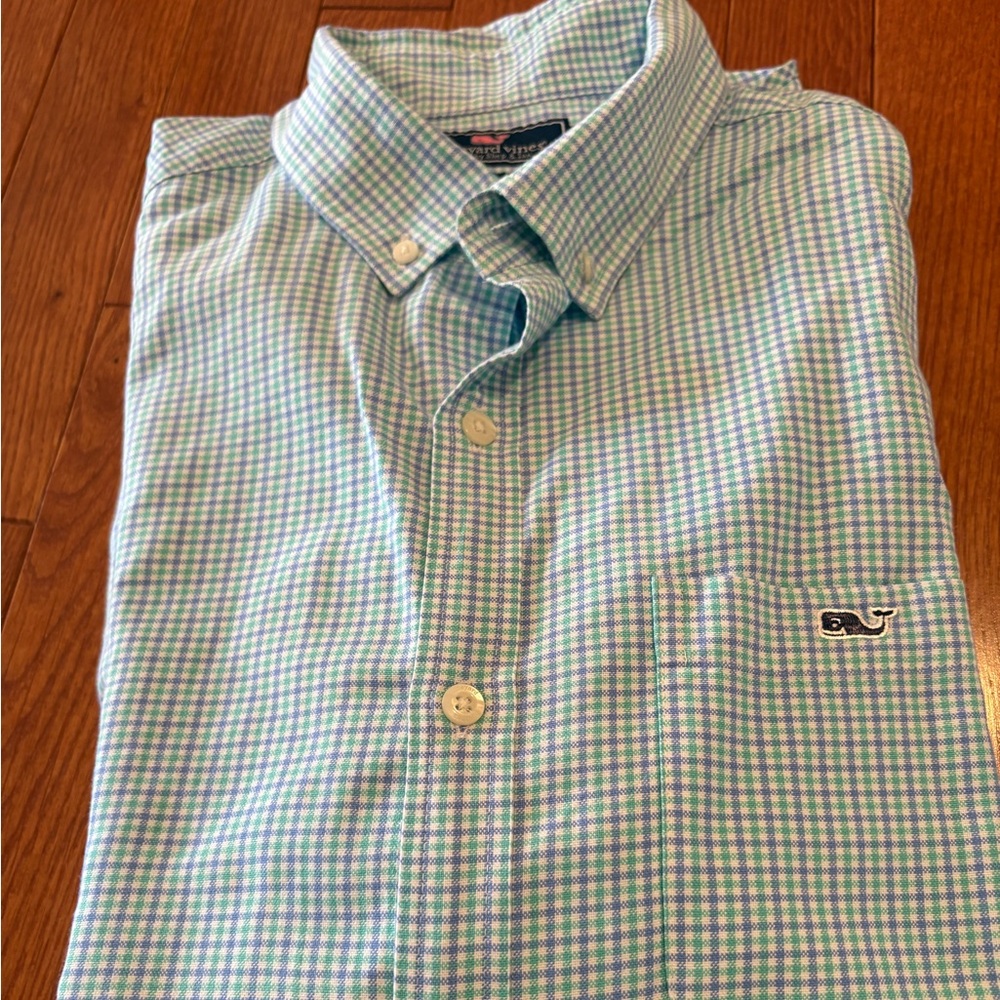 Vineyard Vines Men's Blue and Green Checkered Shirt